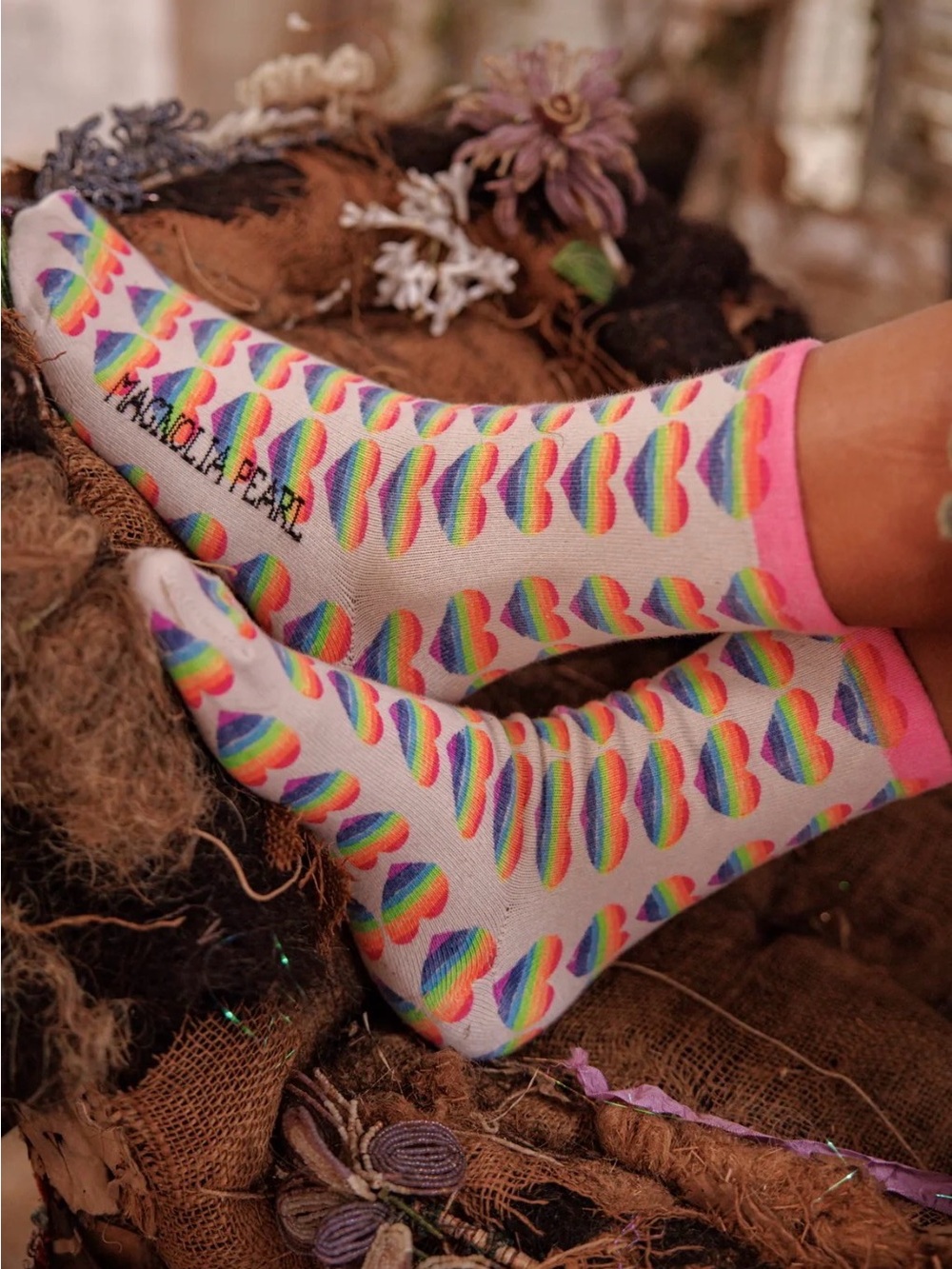 magnolia pearl love bows crew length socks rainbow heart print NWT logo boho